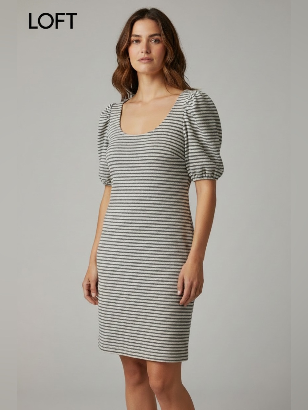 LOFT Black and White Striped Puff Sleeve Knit Dress